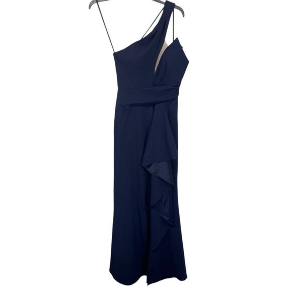 NWT Betsy & Adam | Petites Navy Blue One Shoulder Illusion Evening Dress 4P - Picture 3 of 11